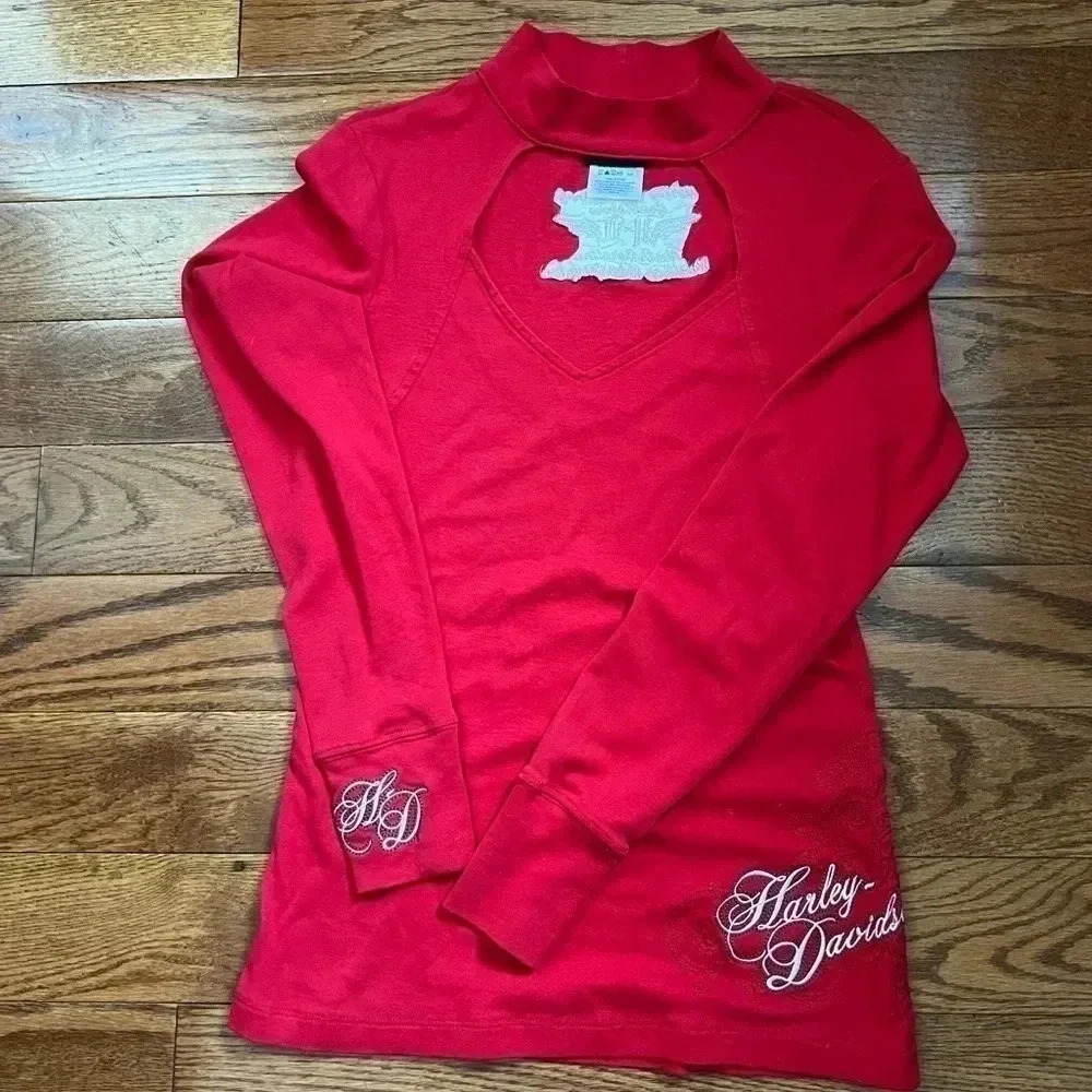 Women’s Vintage Harley Davidson Cut Out Long Sleeve Red Sz S - Picture 1 of 10